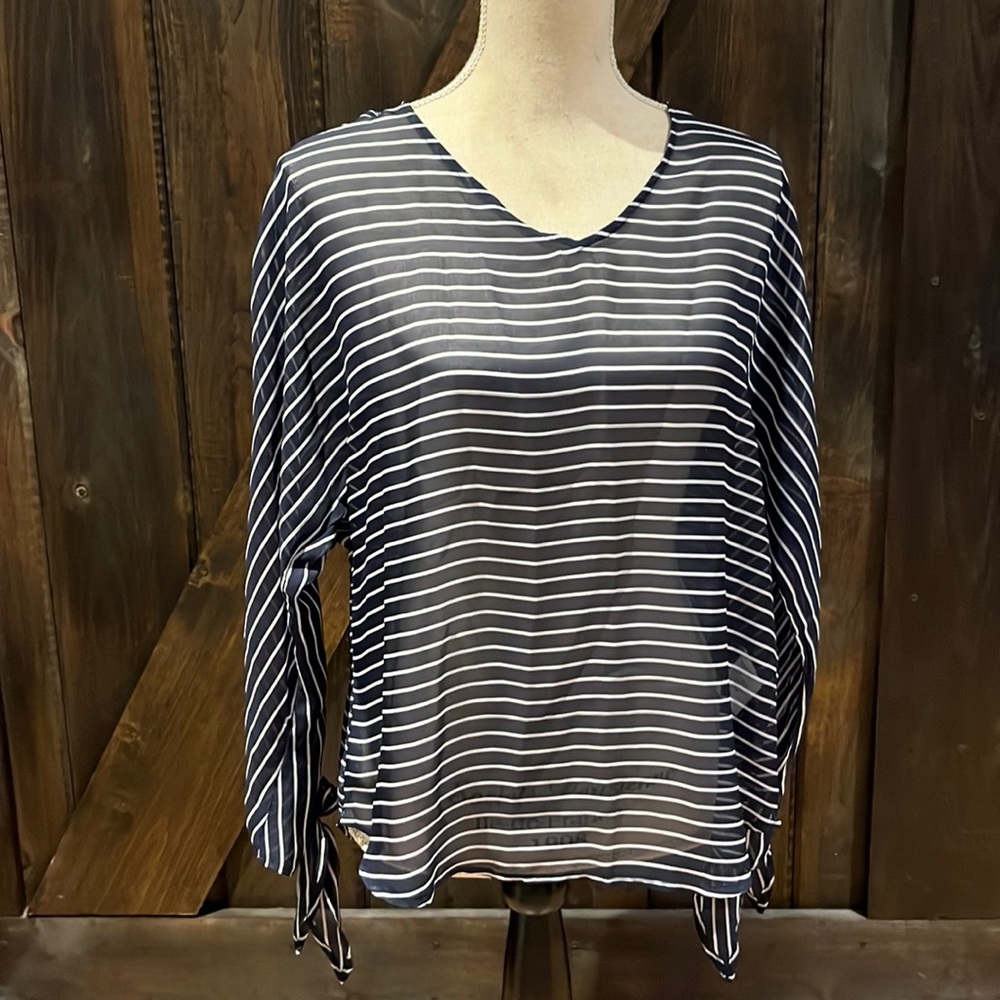 NESS sheet navy and white striped top with ties at the elbows
